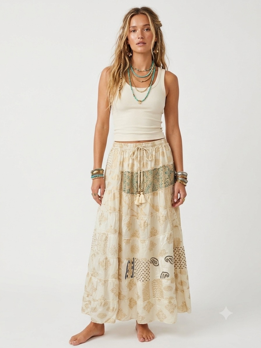 4. Boho Patchwork Sari Silk Maxi Skirt Festival Hippie Gypsy One Size India